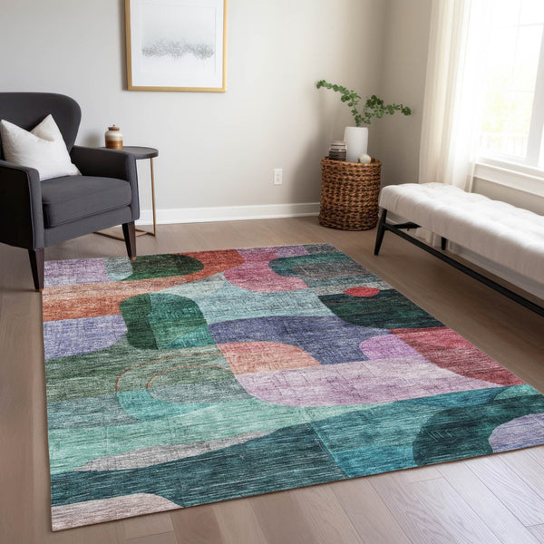Homeroots 3' Abstract Washable Area Rug In Brown, Blue & Green - Perfect For Indoor & Outdoor Spaces! 5' X 8' Polyester 604367