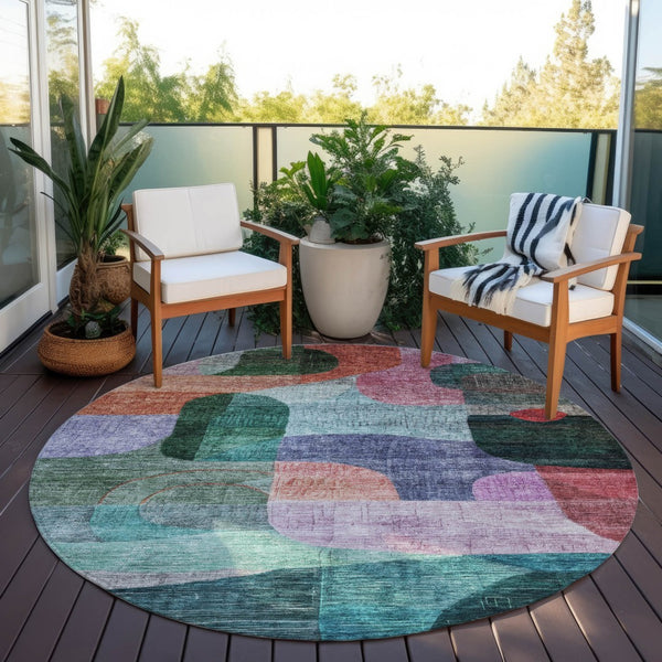 Homeroots 3' Abstract Washable Area Rug In Brown, Blue & Green - Perfect For Indoor & Outdoor Spaces! 8' Round Polyester 604368