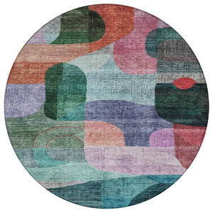 HomeRoots 5' Vibrant Abstract Washable Area Rug - Durable Indoor/Outdoor Use, Perfect for High-Traffic Spaces 8' Round 604368