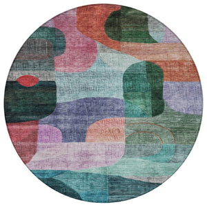 Homeroots 3' Abstract Washable Area Rug In Brown, Blue & Green - Perfect For Indoor & Outdoor Spaces! 8' Round Polyester 604368