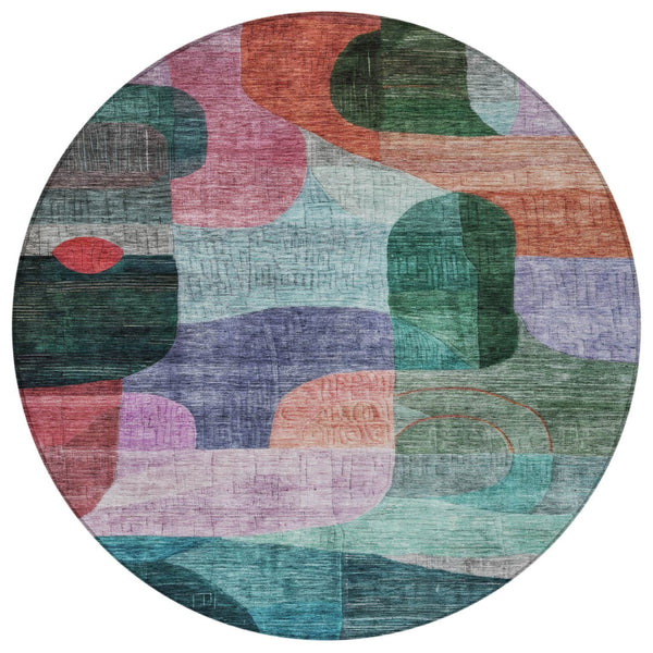 Homeroots 3' Abstract Washable Area Rug In Brown, Blue & Green - Perfect For Indoor & Outdoor Spaces! 8' Round Polyester 604368