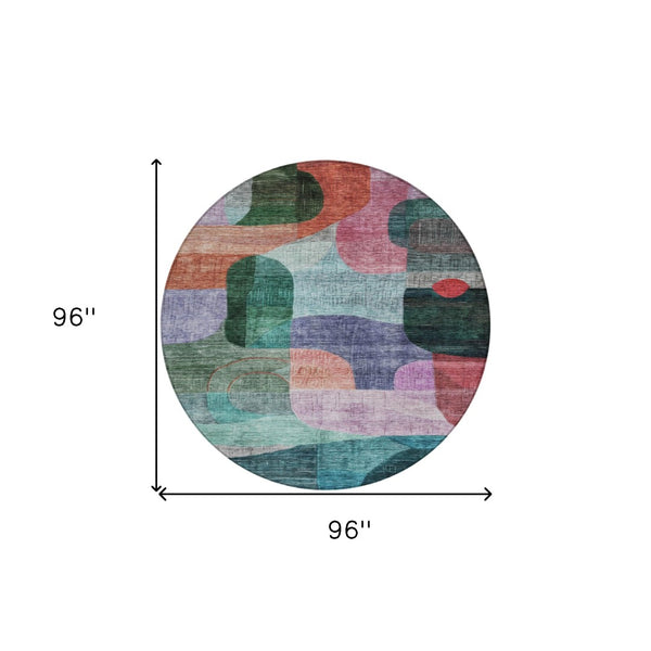 Homeroots 3' Abstract Washable Area Rug In Brown, Blue & Green - Perfect For Indoor & Outdoor Spaces! 8' Round Polyester 604368