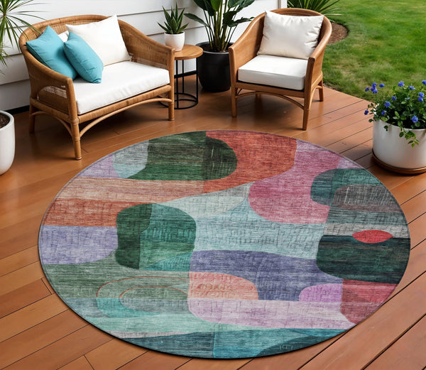 Homeroots 3' Abstract Washable Area Rug In Brown, Blue & Green - Perfect For Indoor & Outdoor Spaces! 8' Round Polyester 604368
