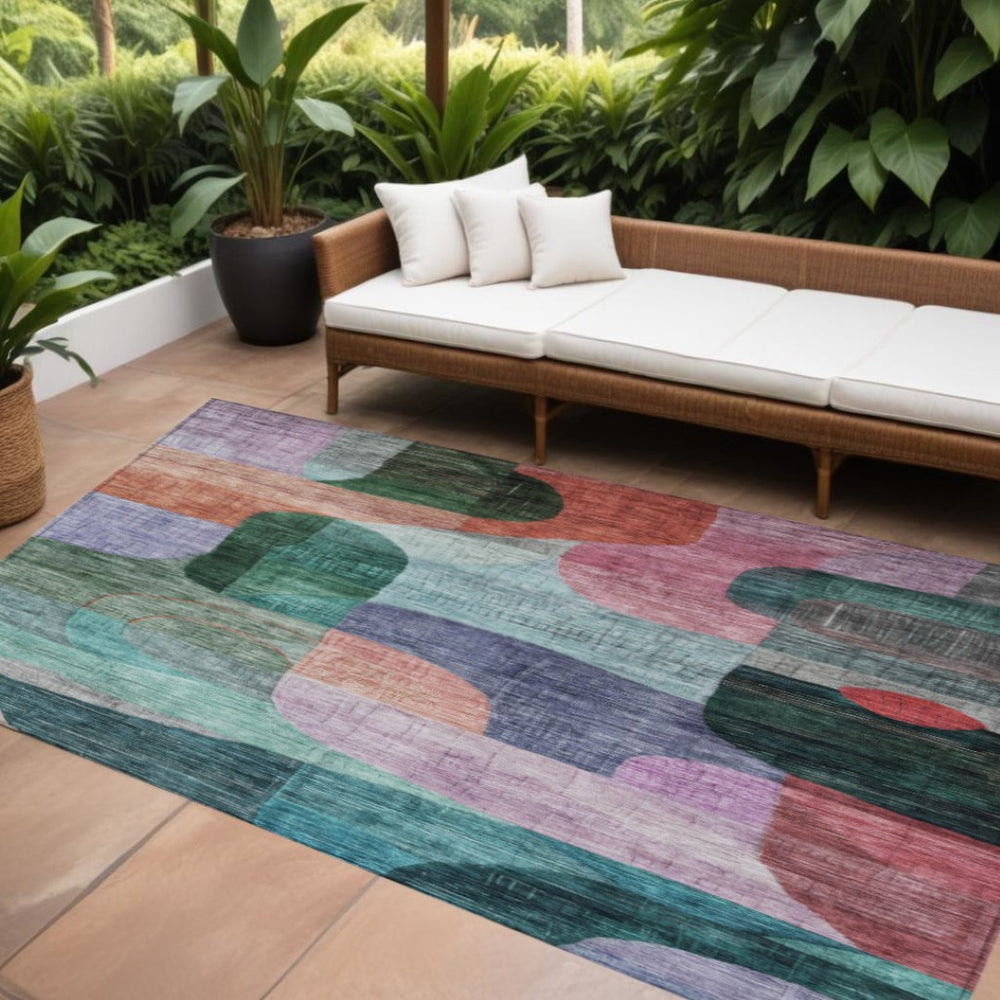 HomeRoots 9' Vibrant Abstract Area Rug in Green, Purple & Blue - Washable, Durable for Indoor & Outdoor Use 604370