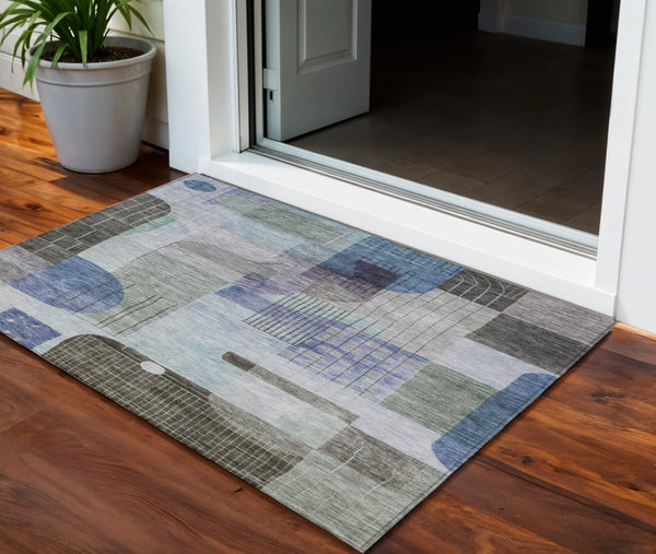 Homeroots 3' Abstract Washable Area Rug In Blue Gray And Charcoal - Durable Indoor Outdoor Decor Solution 3' X 5' Polyester 604372