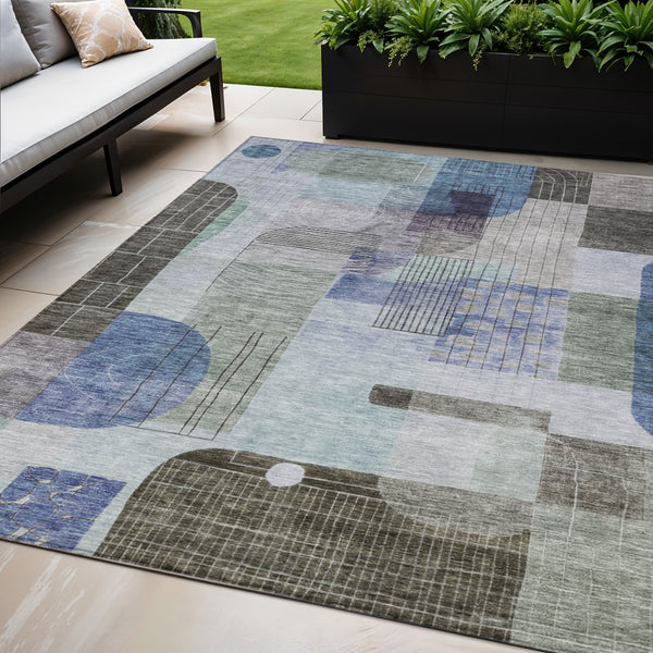 Homeroots 3' Abstract Washable Area Rug In Blue Gray And Charcoal - Durable Indoor Outdoor Decor Solution 5' X 8' Polyester 604373