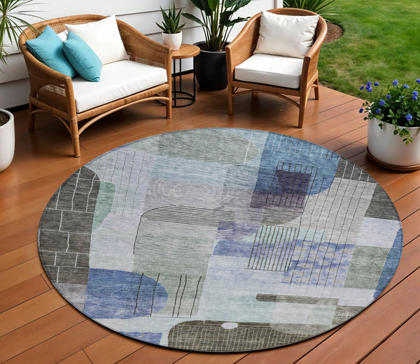 Homeroots 3' Abstract Washable Area Rug In Blue Gray And Charcoal - Durable Indoor Outdoor Decor Solution 8' Round Polyester 604374
