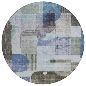 HomeRoots 5' Blue Gray and Charcoal Abstract Washable Indoor-Outdoor Area Rug for Modern Living Spaces 8' Round 604374