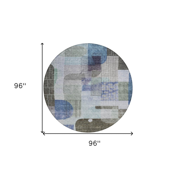Homeroots 3' Abstract Washable Area Rug In Blue Gray And Charcoal - Durable Indoor Outdoor Decor Solution 8' Round Polyester 604374