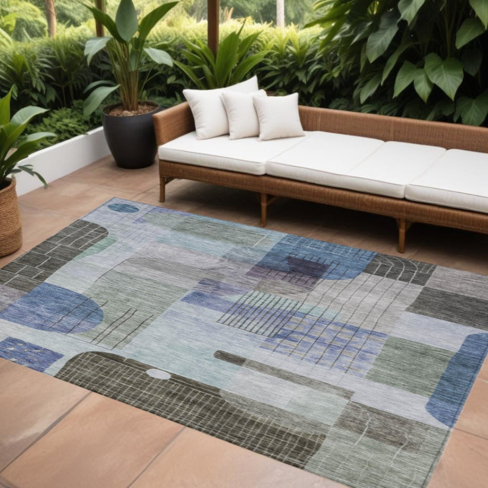 HomeRoots 9' X 12' Modern Blue Gray Charcoal Abstract Washable Area Rug - Stylish Indoor/Outdoor Solution 604376