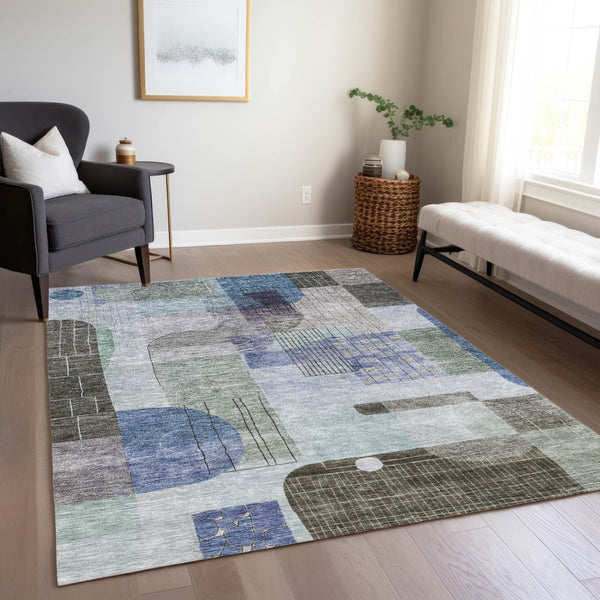 Homeroots 3' Abstract Washable Area Rug In Blue Gray And Charcoal - Durable Indoor Outdoor Decor Solution 9' X 12' Polyester 604376