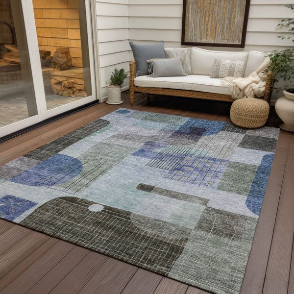 Homeroots 3' Abstract Washable Area Rug In Blue Gray And Charcoal - Durable Indoor Outdoor Decor Solution 10' X 14' Polyester 604377