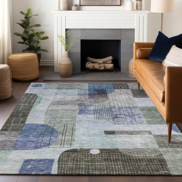 Homeroots 3' Abstract Washable Area Rug In Blue Gray And Charcoal - Durable Indoor Outdoor Decor Solution 10' X 14' Polyester 604377