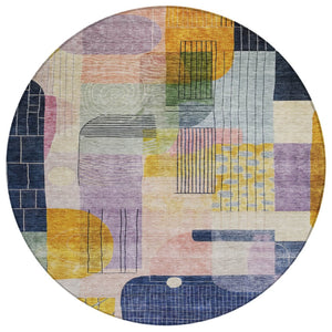 HomeRoots 5' Bold Plum Purple and Copper Abstract Area Rug - Stylish, Washable, Indoor/Outdoor Durable Design 8' Round 604380