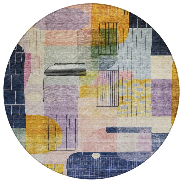 HomeRoots 5' Bold Plum Purple and Copper Abstract Area Rug - Stylish, Washable, Indoor/Outdoor Durable Design 8' Round 604380