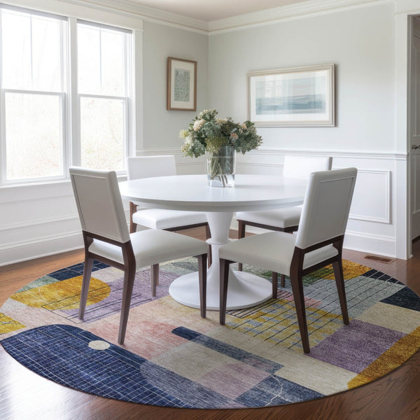 Homeroots 3' Abstract Washable Area Rug In Blue Gray And Charcoal - Durable Indoor Outdoor Decor Solution 8' Round Polyester 604380