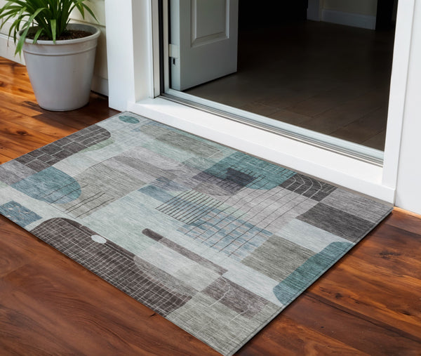 Homeroots 3' Abstract Washable Area Rug In Blue Gray And Charcoal - Durable Indoor Outdoor Decor Solution 3' X 5' Polyester 604384