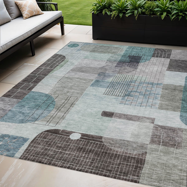 Homeroots 3' Abstract Washable Area Rug In Blue Gray And Charcoal - Durable Indoor Outdoor Decor Solution 5' X 8' Polyester 604385