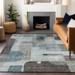 Homeroots 3' Abstract Washable Area Rug In Blue Gray And Charcoal - Durable Indoor Outdoor Decor Solution 5' X 8' Polyester 604385