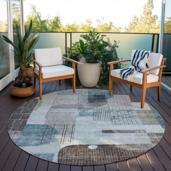 Homeroots 3' Abstract Washable Area Rug In Blue Gray And Charcoal - Durable Indoor Outdoor Decor Solution 8' Round Polyester 604386