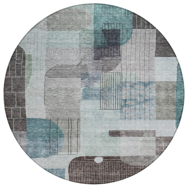 HomeRoots 5' Contemporary Teal Blue Gray Charcoal Abstract Indoor Outdoor Area Rug - Washable & Durable Design 8' Round 604386