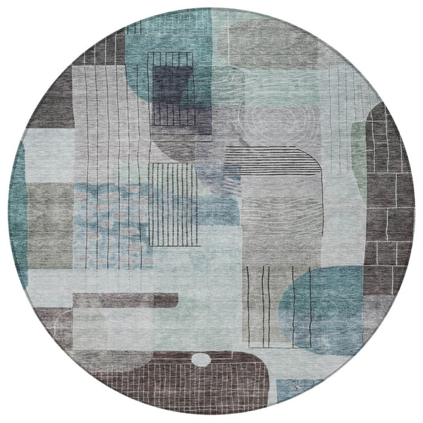 Homeroots 3' Abstract Washable Area Rug In Blue Gray And Charcoal - Durable Indoor Outdoor Decor Solution 8' Round Polyester 604386