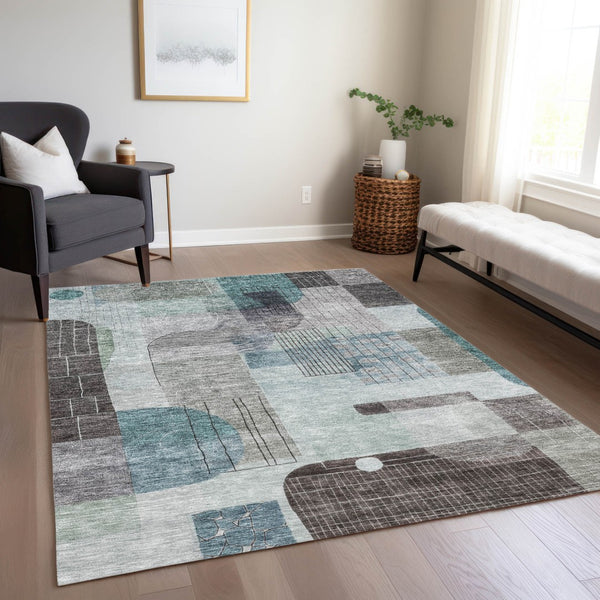 Homeroots 3' Abstract Washable Area Rug In Blue Gray And Charcoal - Durable Indoor Outdoor Decor Solution 9' X 12' Polyester 604388