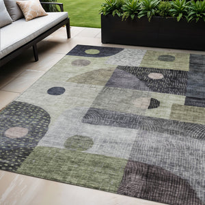Homeroots 3' Artichoke Green Gray Charcoal Geometric Washable Area Rug For Indoor And Outdoor Spaces 5' X 8' Polyester 604391