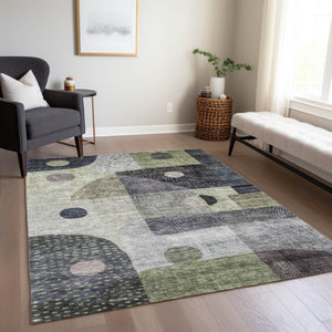 Homeroots 3' Artichoke Green Gray Charcoal Geometric Washable Area Rug For Indoor And Outdoor Spaces 5' X 8' Polyester 604391
