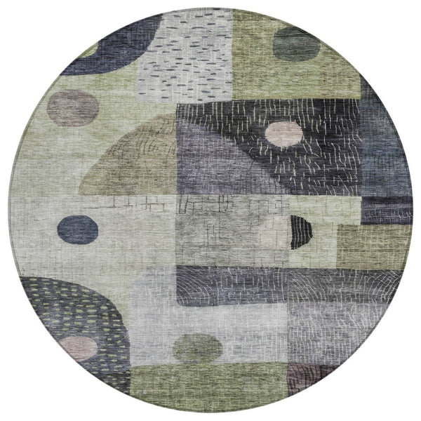 HomeRoots 5' Artichoke Green Gray Charcoal Geometric Area Rug - Washable, Durable, Indoor Outdoor Style for Any Space 8' Round 604392