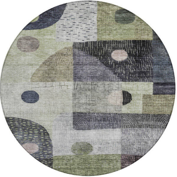 Homeroots 3' Artichoke Green Gray Charcoal Geometric Washable Area Rug For Indoor And Outdoor Spaces 8' Round Polyester 604392