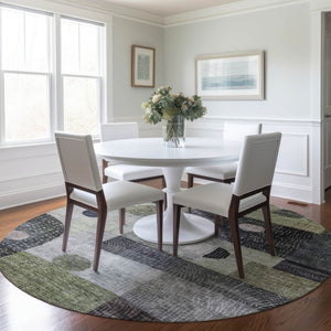 Homeroots 3' Artichoke Green Gray Charcoal Geometric Washable Area Rug For Indoor And Outdoor Spaces 8' Round Polyester 604392