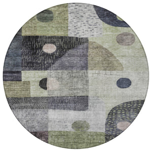 Homeroots 3' Artichoke Green Gray Charcoal Geometric Washable Area Rug For Indoor And Outdoor Spaces 8' Round Polyester 604392