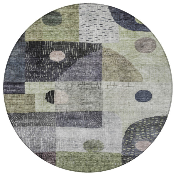 Homeroots 3' Artichoke Green Gray Charcoal Geometric Washable Area Rug For Indoor And Outdoor Spaces 8' Round Polyester 604392
