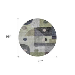 Homeroots 3' Artichoke Green Gray Charcoal Geometric Washable Area Rug For Indoor And Outdoor Spaces 8' Round Polyester 604392