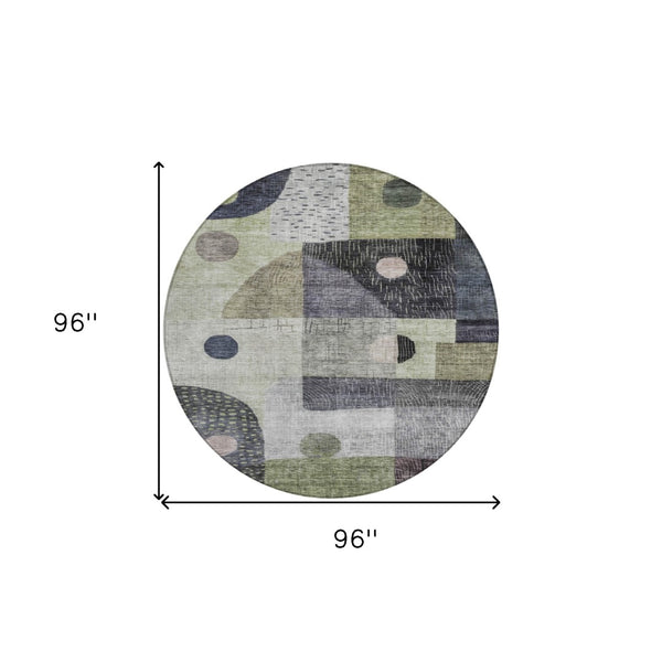 Homeroots 3' Artichoke Green Gray Charcoal Geometric Washable Area Rug For Indoor And Outdoor Spaces 8' Round Polyester 604392