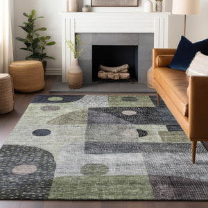 Homeroots 3' Artichoke Green Gray Charcoal Geometric Washable Area Rug For Indoor And Outdoor Spaces 8' X 10' Polyester 604393