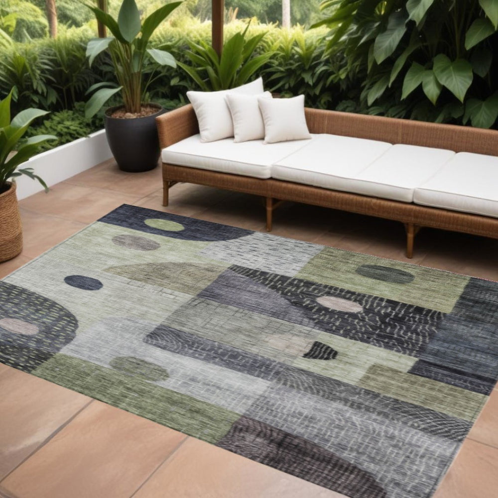 HomeRoots 9' X 12' Geometric Washable Area Rug in Artichoke Green, Gray & Charcoal – Perfect for Indoor/Outdoor Use! 604394