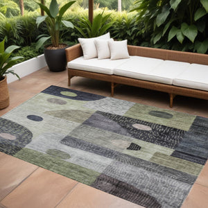 Homeroots 3' Artichoke Green Gray Charcoal Geometric Washable Area Rug For Indoor And Outdoor Spaces 9' X 12' Polyester 604394