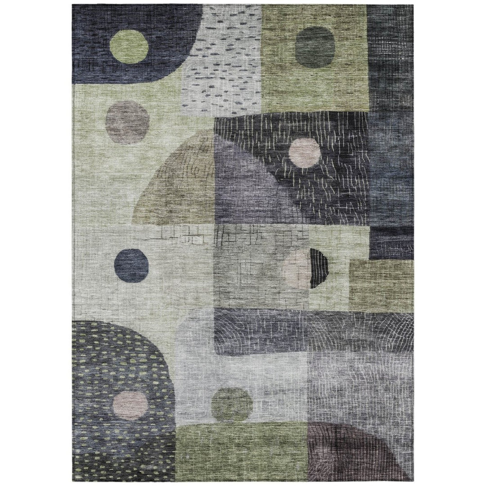 HomeRoots 9' X 12' Geometric Washable Area Rug in Artichoke Green, Gray & Charcoal – Perfect for Indoor/Outdoor Use! 604394