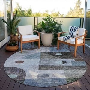 Homeroots 3' Artichoke Green Gray Charcoal Geometric Washable Area Rug For Indoor And Outdoor Spaces 8' Round Polyester 604404