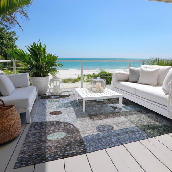 Homeroots 3' Artichoke Green Gray Charcoal Geometric Washable Area Rug For Indoor And Outdoor Spaces 8' X 10' Polyester 604405