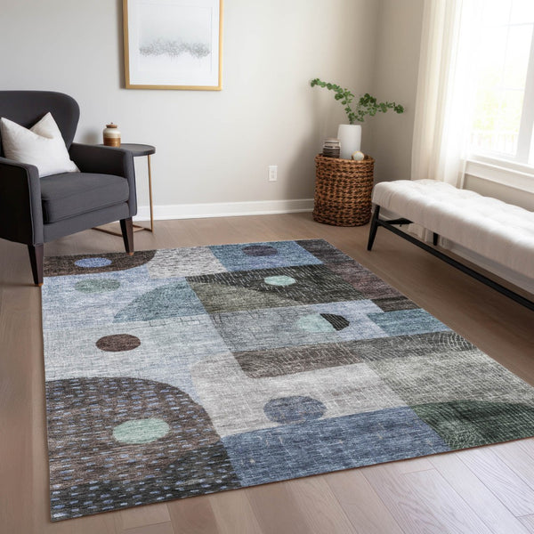 Homeroots 3' Artichoke Green Gray Charcoal Geometric Washable Area Rug For Indoor And Outdoor Spaces 10' X 14' Polyester 604407