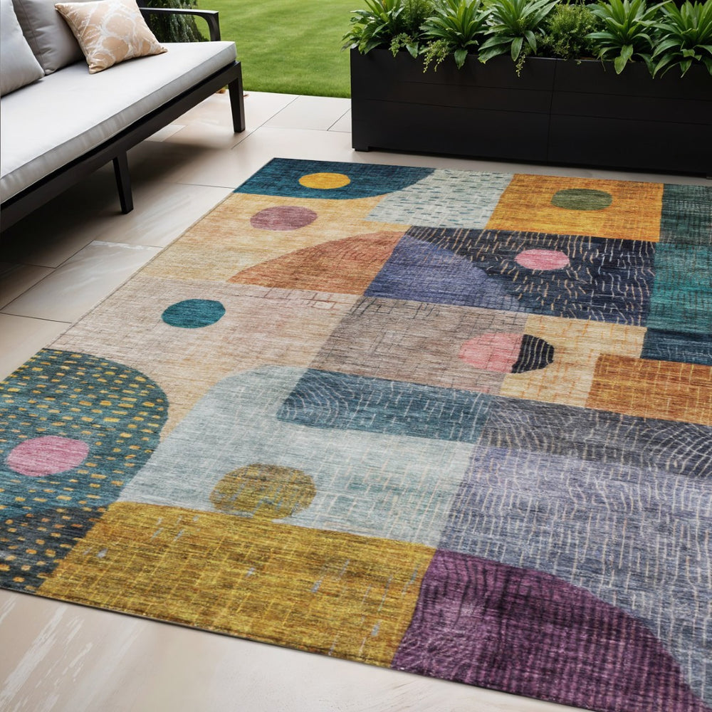 HomeRoots 5' Vibrant Geometric Washable Area Rug in Green, Purple & Blue for Indoor/Outdoor Style and Durability 5' X 8' 604409