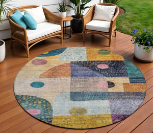 Homeroots 3' Artichoke Green Gray Charcoal Geometric Washable Area Rug For Indoor And Outdoor Spaces 8' Round Polyester 604410