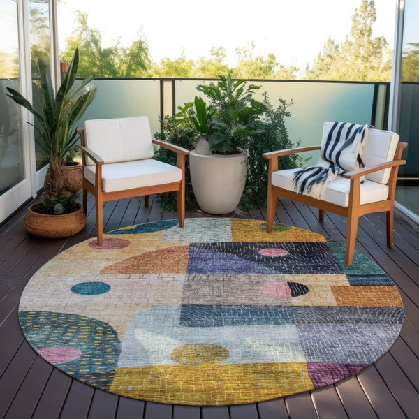 Homeroots 3' Artichoke Green Gray Charcoal Geometric Washable Area Rug For Indoor And Outdoor Spaces 8' Round Polyester 604410