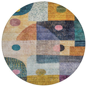 HomeRoots 5' Vibrant Geometric Washable Area Rug in Green, Purple & Blue for Indoor/Outdoor Style and Durability 8' Round 604410