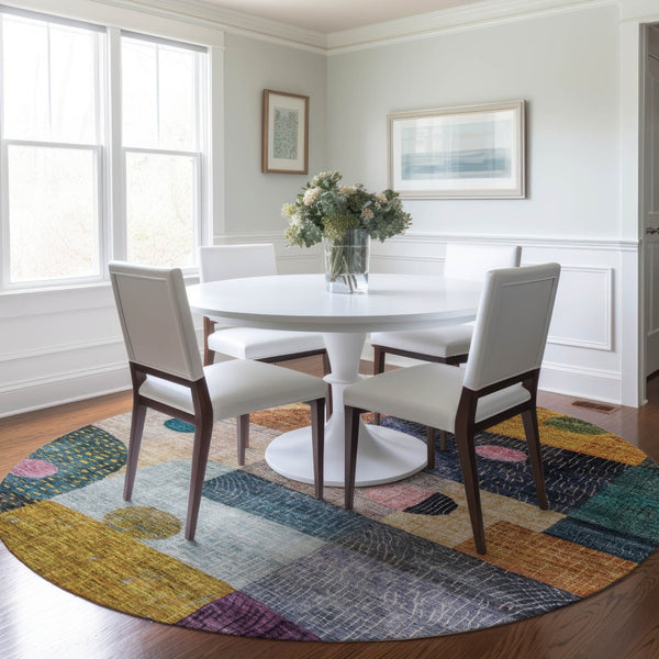 Homeroots 3' Artichoke Green Gray Charcoal Geometric Washable Area Rug For Indoor And Outdoor Spaces 8' Round Polyester 604410