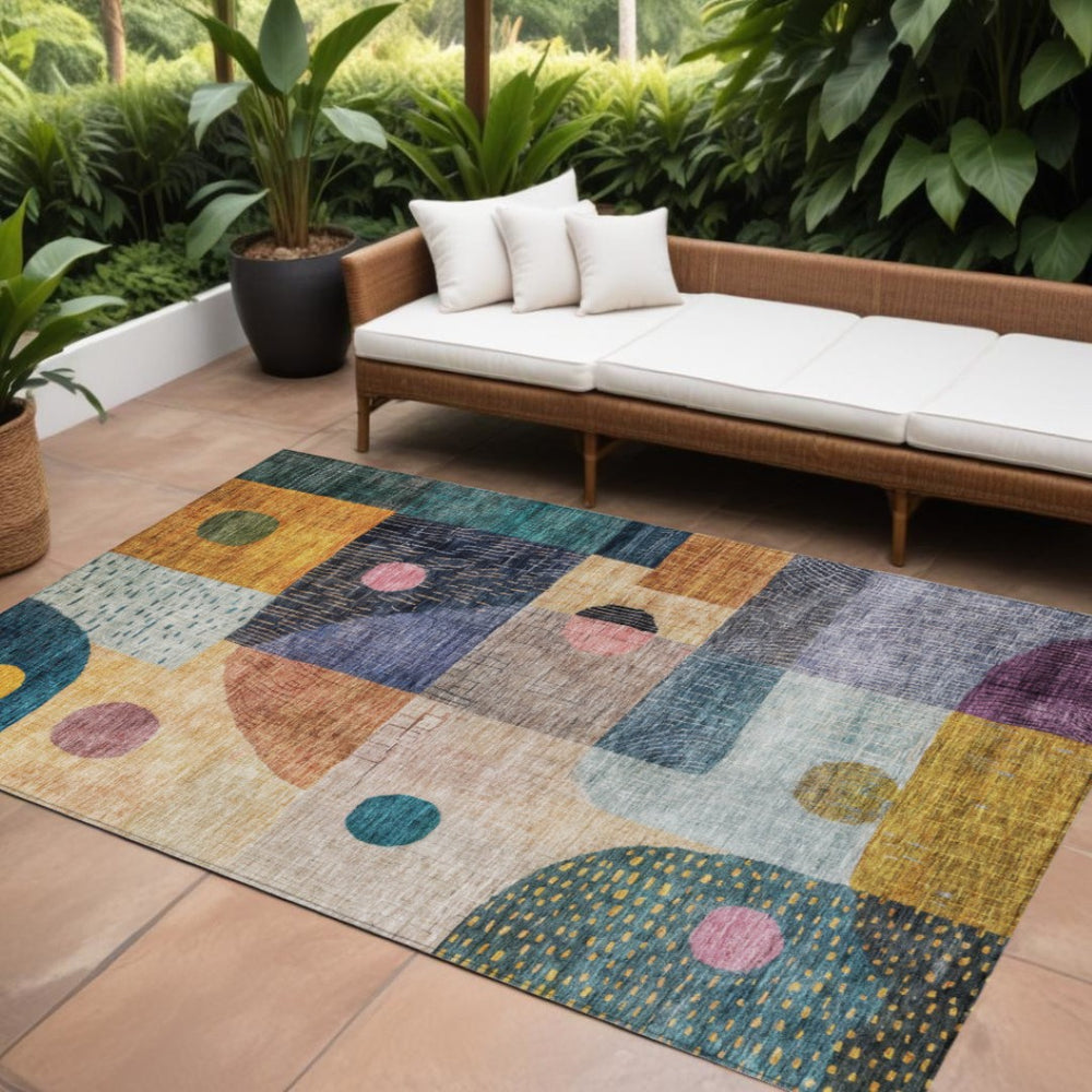 HomeRoots 9' Geometric Area Rug - Vibrant Green, Purple & Blue Washable Indoor/Outdoor, Durable & Stylish! 604412