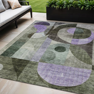 Homeroots 3' Artichoke Green Gray Charcoal Geometric Washable Area Rug For Indoor And Outdoor Spaces 5' X 8' Polyester 604415